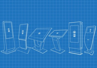 Blueprint of six Promotional Interactive Information Kiosk, Advertising Display, Terminal Stand, Touch Screen Display. Mock Up Template.