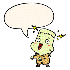 cartoon undead monster creation man and speech bubble in comic book style