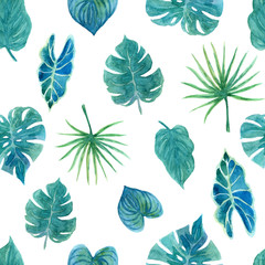 Fototapeta na wymiar Seamless pattern with lush greenery of tropical plants.