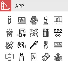 Set of app icons such as Slide, Bone, Laptop, Mobile app, Pawn, Design, Medal, Cold water, Drone, Rulers, Filter, Bug, Delivery, Arrows, Discount, Ecommerce, Apron, Gps , app