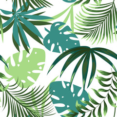 Summer bright seamless pattern with colorful tropical leaves and plants on a delicate background. Vector design. Jungle print. Floral background. Printing and textiles. Exotic tropics. Fresh design.