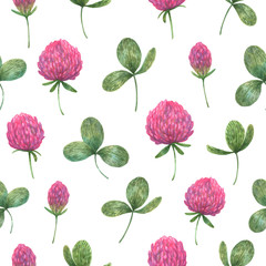Seamless watercolor pattern with pink blooming clover.