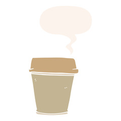 cartoon take out coffee and speech bubble in retro style