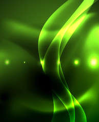 Dark background with neon color waves, vector template