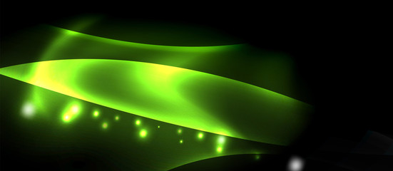 Dark background with neon color waves, vector template