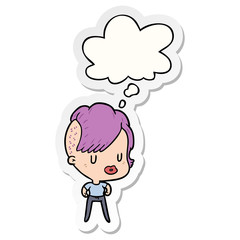 cartoon girl and thought bubble as a printed sticker