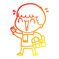 warm gradient line drawing laughing cartoon man with present