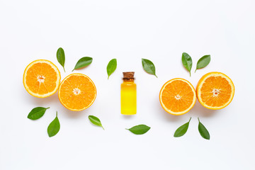Orange fruits with citrus oil. Natural vitamin C on white background.