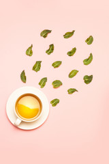 A cup of green tea with mint pattern. Flat lay. Top view.