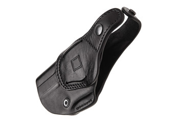 Black leather holster for a gun isolate on a white background.