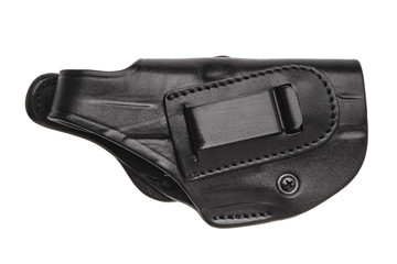 Black leather holster for a gun isolate on a white background.