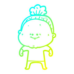 cold gradient line drawing cartoon happy old woman