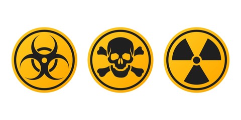 Set of danger signs in yellow circle. Biohazard, toxic and radiation  symbols. Warning hazard sign. Template for your design.
