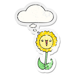cartoon flower and thought bubble as a distressed worn sticker