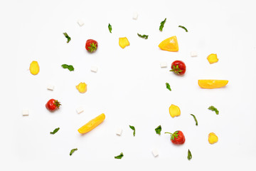 Frame made of fresh strawberry on white background. Creative food concept.