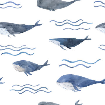 Gray and blue watercolor whales swimming among calm waves.
