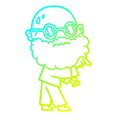 cold gradient line drawing cartoon worried man with beard and spectacles pointing finger