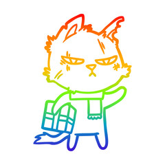 rainbow gradient line drawing tough cartoon cat with christmas present