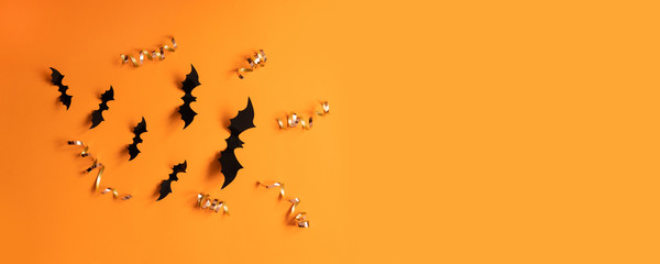 Halloween banner with black but on an orange background, top view.