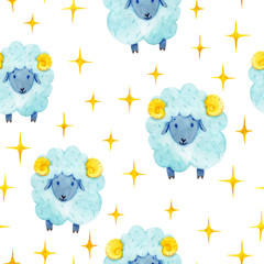 Cute cartoon watercolor lamb and shining stars.