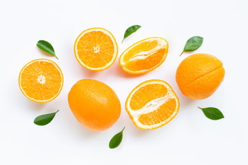 High vitamin C. Fresh orange citrus fruit with leaves isolated on white background.