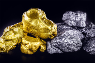 stones of gold and silver gross, mineral extraction of gold and silver. Concept of luxury and wealth.