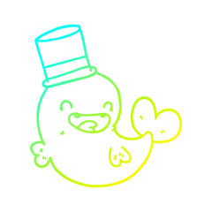 cold gradient line drawing cartoon laughing whale with top hat