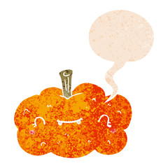cartoon pumpkin and speech bubble in retro textured style