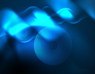 Neon glowing wave lines, blue hi-tech futuristic abstract background template