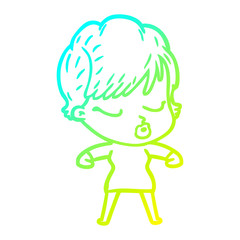 cold gradient line drawing cartoon woman with eyes shut
