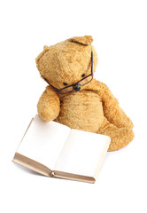 Old teddy bear and book on white background