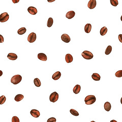 Watercolor seamless pattern of aromatic roasted coffee beans
