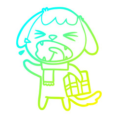 cold gradient line drawing cute cartoon dog with christmas present
