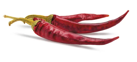 Foto op Plexiglas Hete pepers 3 dry red chilli peppers. Isolated on white background.