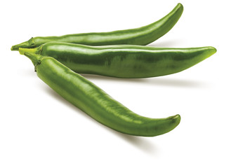 3 fresh green chilli peppers. Isolated on white background.
