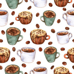 Watercolor cups with hot refreshing coffee and roasted coffee beans.