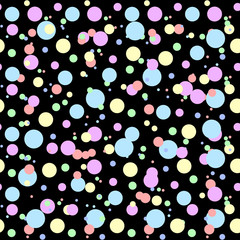 Seamless polka dot pattern with circles of fresh colors on a black background. Vector repeating texture.