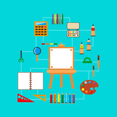 Office supply, school office and education equipment. notebook, ruler, pencil, pen, calculator, palette, easel, markers. Colorful template schedule for advertising brochure,  poster.