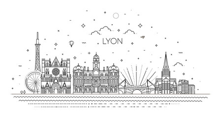 Lyon skyline with panorama in white background - obrazy, fototapety, plakaty