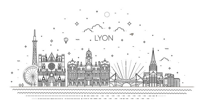 Lyon skyline with panorama in white background