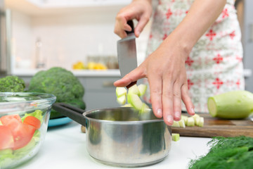 Woman preparing delicious and healthy food in the home kitchen. Healthy diet concept