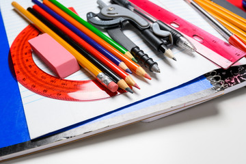 School supplies on a white background