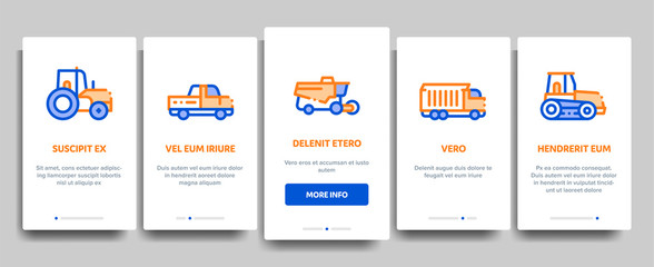 Agricultural Vehicles Vector Onboarding Mobile App Page Screen. Agricultural Transport, Harvesting Machinery Linear Pictograms. Harvesters, Tractors, Irrigation Machines, Combines Illustration