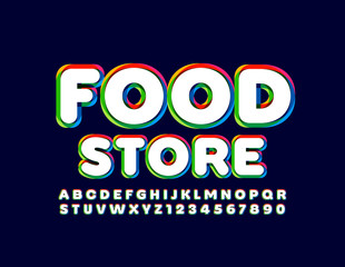 Vector colorful emblem Food Store. Bright Uppercase Alphabet Letters and Numbers