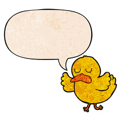 cartoon duck and speech bubble in retro texture style