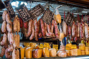 Buenos Aires, Argentina, Mercado cubierto de San Telmo. Puestos de embutidos, chorizos secos,...