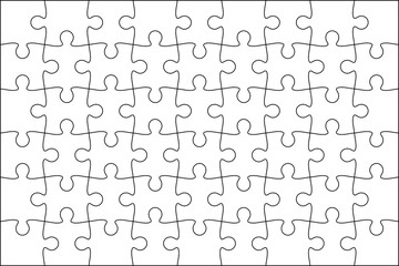 Set of black and white puzzle pieces. Jigsaw grid puzzle 48 pieces. Line mockup - stock vector. - obrazy, fototapety, plakaty