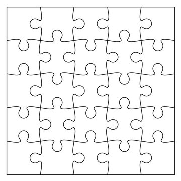 Set of black and white puzzle pieces. Jigsaw grid puzzle 25 pieces. Line mockup - stock vector.