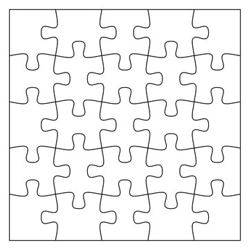 Set of black and white puzzle pieces. Jigsaw grid puzzle 25 pieces. Line mockup - stock vector.