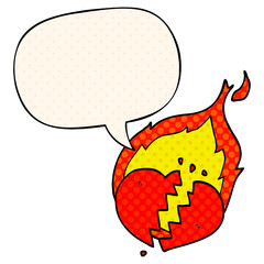 cartoon flaming heart and speech bubble in comic book style